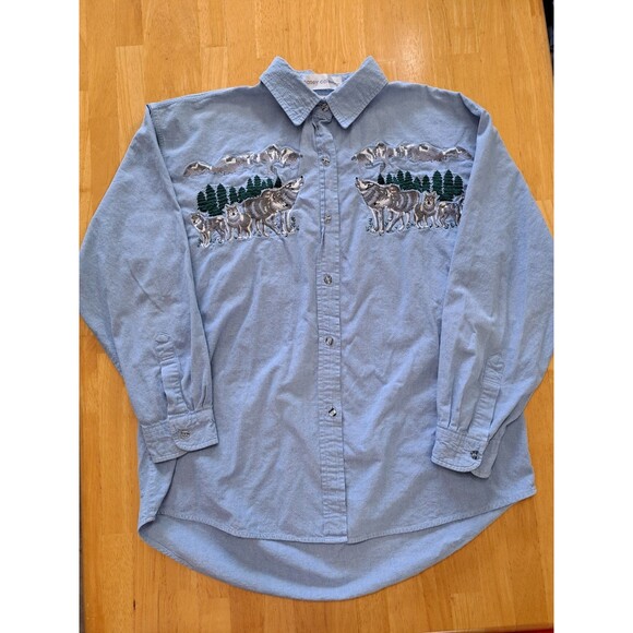 VTG Casey Coleman Button Up Shirt Blue Embroidered Winter Wolves Cotton Size XL - Picture 1 of 9